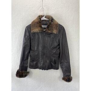 Marc New York Women's Brown Zip Leather Jacket Natural Fur‎ Coat Size US XS